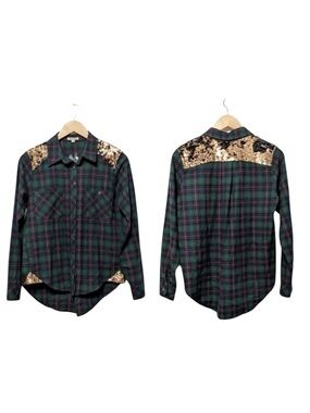 NWT MAY & JULY Plaid Double Sequin Boyfriend Shirt S